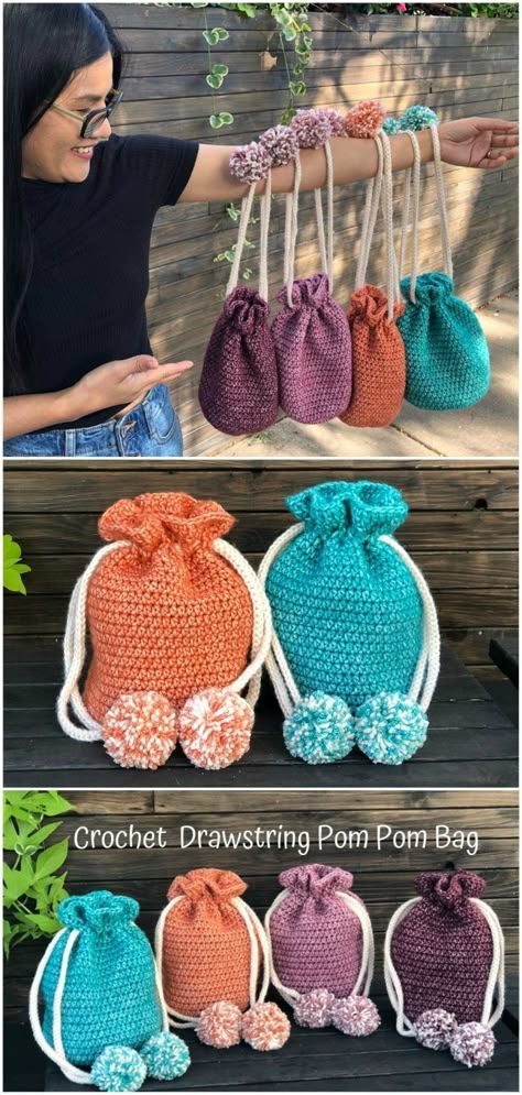 #crochet #patterns #crochetpatterns Amigurumi Bag Free Pattern, Crochet String Bag, Drawstring Crochet Bag, Crochet Drawstring Bag, Pom Pom Bag, Drawstring Bag Pattern, Crochet Drawstring, Purses Patterns, Confection Au Crochet