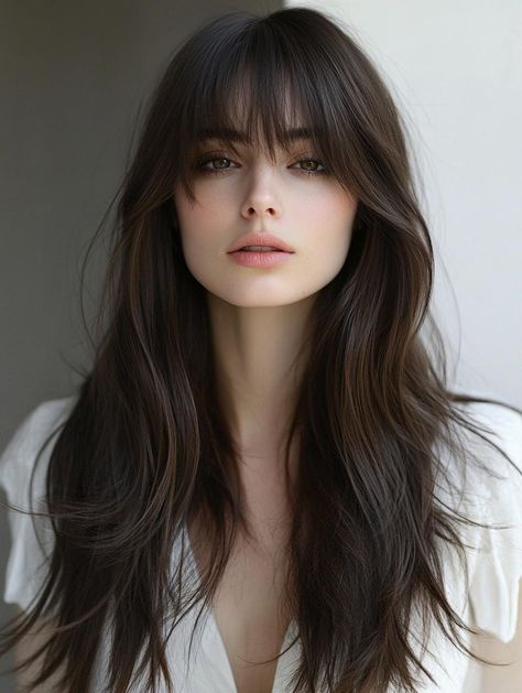 Full Fringe Bangs Long Layered, Full Bangs Layered Hair, Cute Long Haircuts With Bangs, Haircut Bangs Long Hair, Hair Cut With Bangs For Girl Long, Long Haircut Ideas With Bangs, Long Bangstyle Hair, Long Layered Hair With Curtain Bangs Round Face Haircuts, Medium Hair Cuts For Women With Bangs