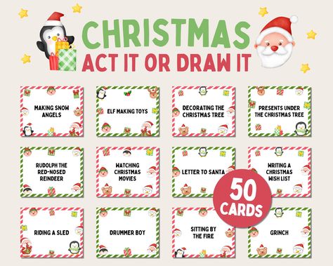 50 Christmas Charades Ideas for Kids! Fun Christmas Activity for Family! This printable Christmas party game includes 50 act it or draw it cards to play both charades and pictionary! Perfect holiday game for Christmas classroom parties, holiday office parties, or family game night! ⭐ Includes: - Christmas Act It or Draw It Game - 50 Cards - 9 page PDF format 💭 How to Use: 1. Instant download after purchasing 2. Print files out at home or professionally print 3. Have fun! ✨ Get the whole bundle! ✨ https://paperjamprintable.etsy.com/listing/1339366948/20-christmas-games-bundle-family 💬 Where's my file? Within minutes of your order and payment, an e-mail will be sent to the address you have associated with your Etsy account with a link for your download.   You can also find the link through Christmas Party Paper Games, Charades Ideas For Adults, Holiday Charades For Adults, Christmas Charades For Kids, Christmas Charades Printable Free, Free Christmas Pictionary Printable, Charades Ideas, Office Christmas Party Games, Christmas Pictionary