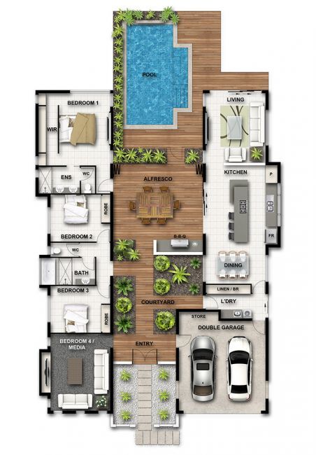 Dröm Hus Planer, Pool House Plans, House Pool, Courtyard House Plans, House Floor Design, Home Design Floor Plans, Casas The Sims 4, House Construction Plan, Simple House Plans