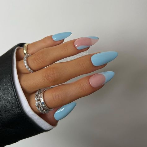 REUSABLE PRESS-ON NAILS on Instagram: “SKYLAR🏷 The perfect shade of blue 🐬 TAP TO SHOP this press on nails set or save for inspo 🤍 Rings from @indigolune + @seolgold Inspo from…” Nails Light Blue French, Cyprus Nails, Nails Light Blue, French Bleu, Classy Almond Nails, Blue Gel Nails, Beachy Nails, Baby Blue Nails, Blue French