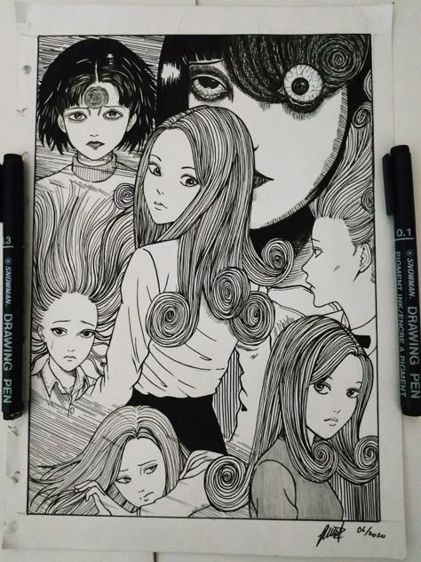 Uzumaki Fanart Junji Ito, Horror Movie Sketches, Male Eye Drawing Reference, Uzumaki Manga, Color Drawing Art, Japanese Horror, Anime Drawing Books, Color Drawing, Japon Illustration