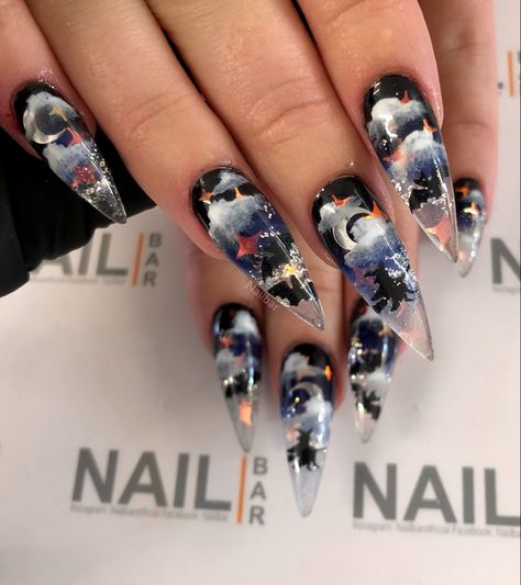 Angel Nails Halloween, Fallen Angel Makeup Halloween Eye, Witch Coffin Acrylic Nails, Fallen Angel Nail Designs, Halloween Nails Airbrush, Fallen Angel Halloween, Beauty Nail Salon, Dragon Nails, Edge Nails