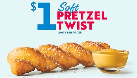 For one day only on Thursday, October 8, 2020, Sonic is baking up Soft Pretzel Twists for $1 each at participating locations. In order to score this and future Sonic flash deals, simply text “Tasty” to 876642. The deal is also available with promo code “PRETZEL” when ordering online or through the brand’s app. In many cases, participating Sonic locations will also honor the deal when the promotion is mentioned when placing your order. The brand’s Soft Pretzel Twist is a baked soft pretzel twis Sonic Pretzel, Pretzel Twist, Rapunzel Birthday, Restaurant Deals, Pretzel Twists, Fast Food Items, Soft Pretzel, Coarse Salt, Soft Pretzels