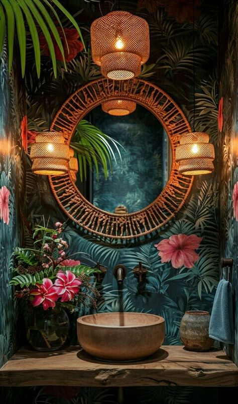 Modern Powder Room Design, Jungle Bathroom, Toilet Restaurant, Powder Room Wallpaper, Downstairs Toilet, Chic Wallpaper, Tiki Room, Downstairs Bathroom, Boho Bathroom