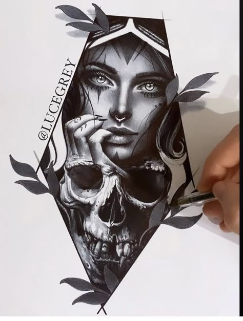 Black and gray tattoo by Luce gray from, By Anonymous. Huge fan! Skull Rose Tattoos, Face Tattoos For Women, Chicano Tattoos Sleeve, Girl Face Tattoo, Realistic Tattoo Sleeve, Omerta Tattoo, Creepy Tattoos, Sketch Tattoo Design, Dark Art Tattoo