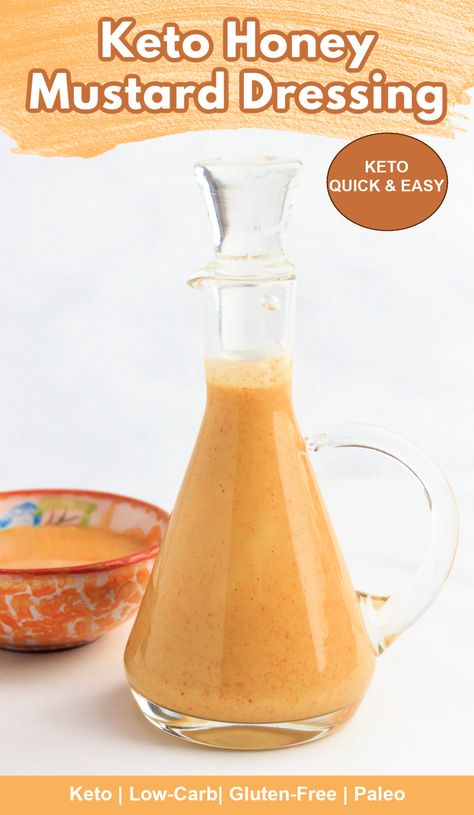 A small glass pitcher of honey mustard salad dressing. Keto Honey Mustard Dressing, Keto Honey Mustard, Honey Mustard Dressing Recipe, Keto Honey, Mustard Dressing Recipe, Keto Condiments, Crispy Chicken Salads, Keto Salad Dressing, Sugar Free Honey