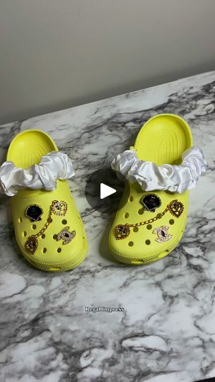 11K views · 307 reactions | I decided to try the Crocs X Scrunchie trend I’ve been seeing all over my TikTok. This is my first pair of Crocs and I wasn’t a big fan of them, but now….I love them!! Crocs #crocs #croccharms #diy #diyprojects #lifestyleblogger #contentcreator #fyp #reels #artsandcrafts #crafts #shoecharms | Regal Impress Crocs Diy, Coco Melon, Ladies Slides, Croc Charms, Shoe Design, Shoe Charms, Lifestyle Blogger, Scrunchies, I Decided