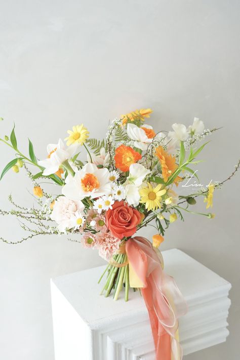 Pink Yellow Orange Wedding Bouquet, Orange Bouquet Aesthetic, Bride Bouquets Yellow, White Yellow Orange Bouquet, Bouquet With Yellow Flowers, White And Orange Wedding Bouquet, White Pink And Orange Bouquet, Orange And Yellow Flower Bouquet, Wedding Florals Orange