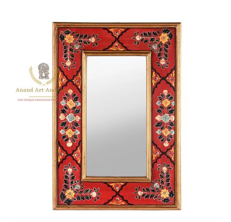 Rajasthani Design, Wood Mirror Frame, Painting Mirror Frames, Wall Mirror Frame, Indian Mirror, Wall Mirror Decor, Emboss Painting, Painted Picture Frames, Wooden Mirror Frame