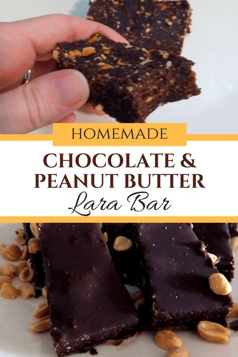 the easiest chocolate peanut butter lara bar! Homemade lara bar. Delicious, healthy, easy snack Homemade Lara Bars, Peanut Butter Homemade, Lara Bars Recipe, Homemade Chocolate Peanut Butter, Butter Homemade, Gluten Free Snacks Healthy, Best Protein Bars, Protein Cake, Peanut Butter Chocolate Bars