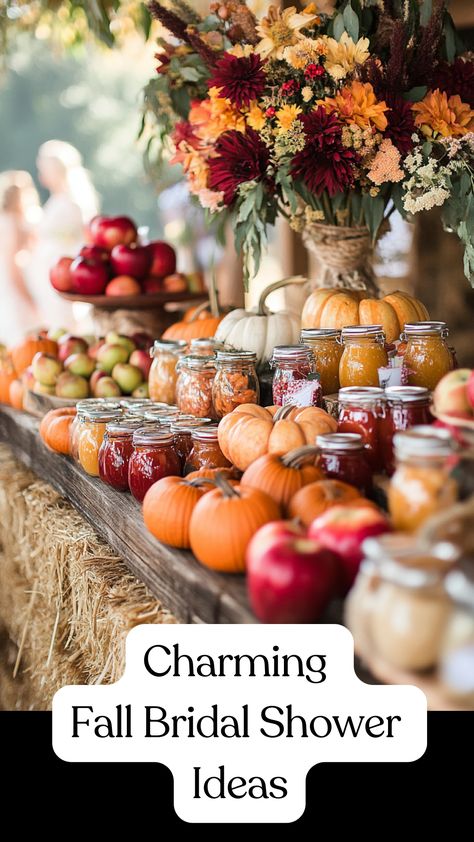 A cozy fall bridal shower with hay bales, apples, pumpkins, fall foliage, farm-to-table food, and mini jam or honey jars as favors. Pumpkin Bridal Shower Theme, Fall Theme Tea Party, Pumpkin Bridal Shower Ideas, Fall Wedding Shower Favors, Fall In Love Bridal Shower Ideas, Fall Bridal Shower Ideas, Fall Proposal, Tea Party Theme, Fall Bridal Shower