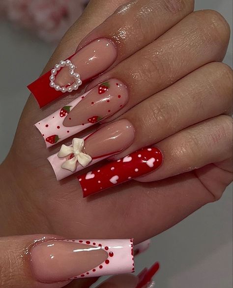 Long Square Nails, Makeup Party, Girly Acrylic Nails, French Tip Acrylic Nails, Fake Nails With Glue, Unique Acrylic Nails, Pink Acrylic Nails, Valentine's Day Nails, Valentines Nails