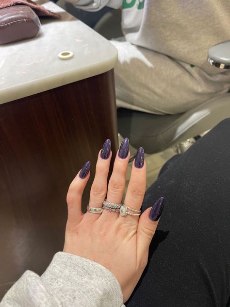 Purple Almond Shaped Acrylic Nails, Dark Purple Silver Nails, Dark Purple Nails With Chrome, Black Purple Chrome Nails, Dark Purple French Nails, Dark Purple And Silver Nails, Short Dark Purple Nails, Purple Gel X Nails, Dark Purple Almond Nails