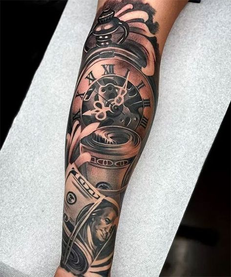 Meaningful Money Sleeve Tattoo Designs Time Is Money Hourglass Tattoo, Forearm Tattoo Men Sleeve Money, Forearm Tattoos Clock, Money Is Time Tattoo, Time And Money Tattoo, Time Is Money Tattoo For Men, Money Forearm Tattoo Men, Money Sleeve Tattoos, Money Tattoo Ideas