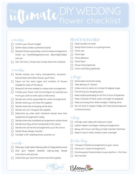 The Ultimate DIY Wedding Flower Checklist (Printable)  Planning on going the DIY route for your wedding flowers? Then you'l need to grab this handy DIY wedding flower checklist printable to guide you through the wedding flower making process.   #weddingchecklist #weddingprintable #diywedding #wedding #weddingflowers #weddingplanning #weddingtimeline #weddingadvice #confettidaydreams Wedding Flower Checklist, Wedding Planning Checklist Printable, Wedding Flower Guide, Boda Diy, Checklist Printable, Free Wedding Printables, Flower Guide, Planning Checklist, Diy Wedding Flowers