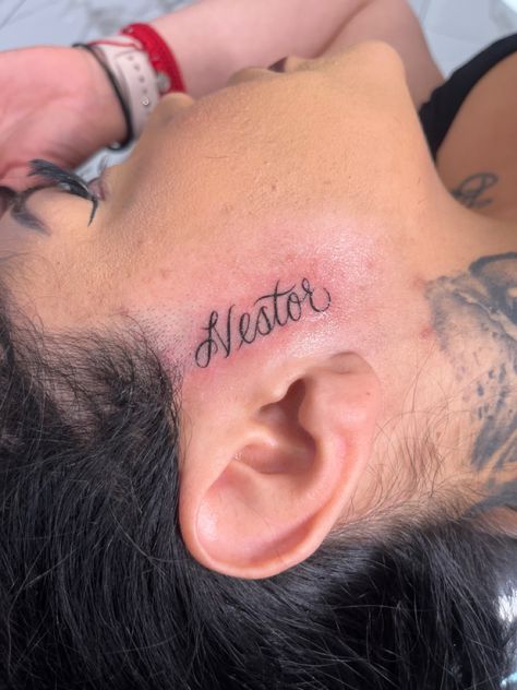 #facetattoo #nametattooideas #names #script #lettering #scriptfonts #tattoosforwomen #tattooideas #ink Name On Face Tattoo, Face Name Tattoos For Women, Face Name Tattoo, Neck Name Tattoos Women, Name Face Tattoo, Name Tattoo On Neck, Sideburn Tattoo Women, Name Neck Tattoo, Small Face Tattoos For Women