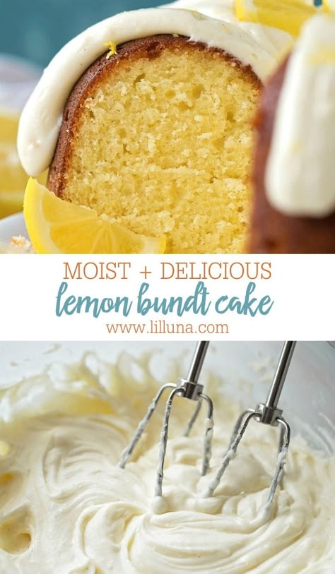 Vibrant, moist lemon bundt cake is covered with a sweet lemon glaze and thick cream cheese frosting for an irresistible summer dessert! #lemon #bundtcake #cake #lemonrecipes #dessert