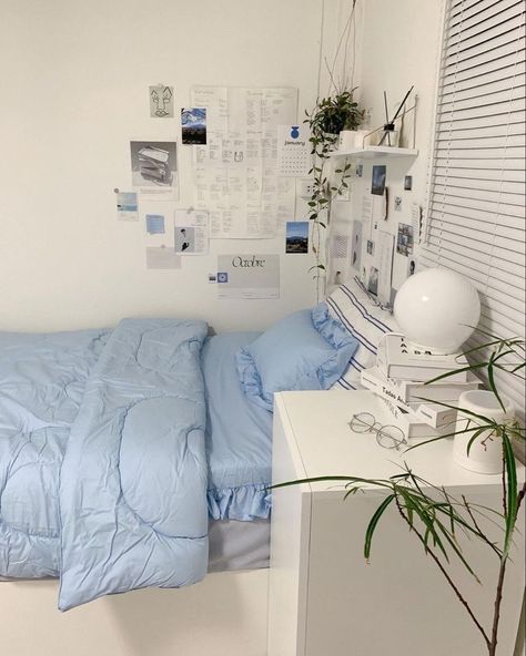 Blue Korean Bedroom, Blue White Bedroom Aesthetic, Blue And White Apartment Aesthetic, White And Blue Room Bedroom Ideas, Light Blue And White Room Aesthetic, Blue Ocean Room Aesthetic, White And Blue Bedroom Aesthetic, Light Blue And White Room, White And Blue Room Aesthetic