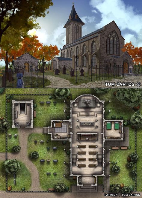 Church Battlemap, Illustration Scene, Church Design Architecture, Dragons 5e, Dnd World Map, Building Map, Fantasy World Map, Dungeon Master's Guide, Modern Church