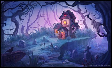 ArtStation - Haunted house - Environment design, Iren RuaLann Fantasy Environment Concept Art, House Concept Art, Haunted House Drawing, Fantasy Environment, Halloween Kunst, Casa Halloween, House Concept, Cartoon House, 2d Game Art