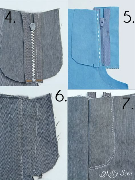 How to Sew a Zipper Fly 1.Finish raw edges 2.Sew Center Seam 3.Sew right (as opposed to left) side of zipper 4.Sew Fly Shield 5.Sew Left Side of Zipper 6.Sew Topstitching 7.Remove Basting Stitches Tips Menjahit, Zipper Sewing, Melly Sews, Projek Menjahit, Sew Zipper, Sewing Pants, Sew Ins, Diy Vetement, Couture Mode