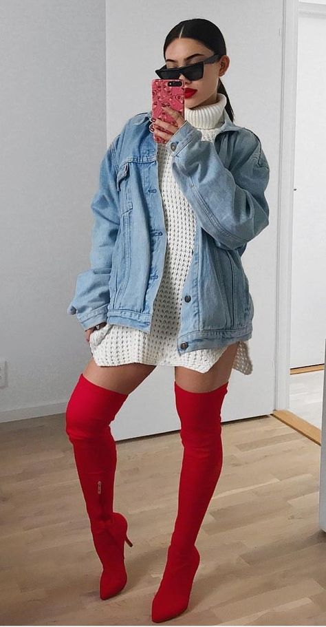 Red Thigh High Boots, Looks Adidas, Outfit Botas, Winter Fashion Outfits Casual, Elegante Casual, Looks Street Style, Red Boots, Looks Chic, Fall Fashion Outfits