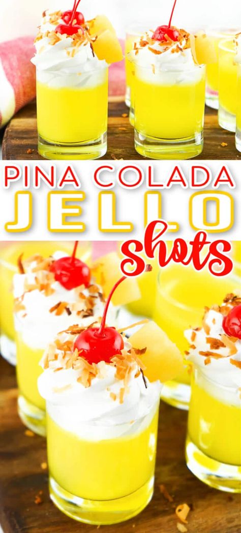 BEST PINA COLADA JELLO SHOTS Pina Colada Jello Shots Recipe, White Jello, Pina Colada Jello Shots, Colada Drinks, Jello Shots Recipe, Pineapple Jello, Jello Pudding Shots, Pina Colada Drinks, Rum Tasting