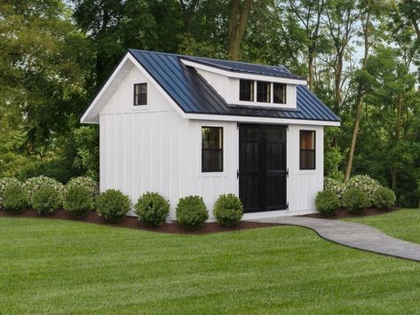 Authentic Farmhouse Exterior, Board And Batten Shed Ideas, White And Black Shed Exterior, Shed With Metal Roof, White Shed With Black Trim, White And Black Shed, Shed Next To House, Black Shed Ideas, Front Of House Landscape Ideas Farmhouse