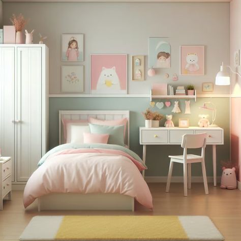 Explore a charming girl's room with pastel shades and cute decor Generated by AI. Girls Pastel Bedroom Ideas, Pastel Girls Bedroom, Green Kids Room, Loft Bedroom Decor, Small Room Girl, Green Kids Rooms, Blue And Pink Bedroom, Girls Room Paint, Girls Bedroom Colors