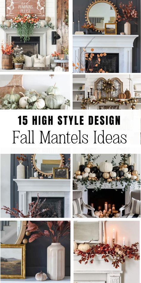 Bring the beauty of autumn indoors with our '15 High Style Fall Mantel Decorating Ideas'. Discover how to create a stunning centerpiece for your fall fireplace with seasonal elements, warm hues, and unique pieces. Transform your living space into an inviting autumnal retreat. Want to know more? See my blog for more! Fall Greenery On Mantle, Autumn Fireplace Mantel Decor, Fall Decor Fireplace Mantle, Fall Fireplace Mantel Decorating Ideas, Fall Mantle Decor Ideas, Thanksgiving Fireplace Decor, Simple Fall Mantle Decor, Glam Fireplace, Simple Fall Mantle