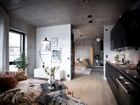 A Small Scandinavian Loft with Industrial Touches - The Nordroom Scandinavian Loft, Industrial Scandinavian, Mini Loft, Soho Loft, Concrete Interiors, Scandinavian Apartment, New York Loft, Concrete Walls, Loft Industrial