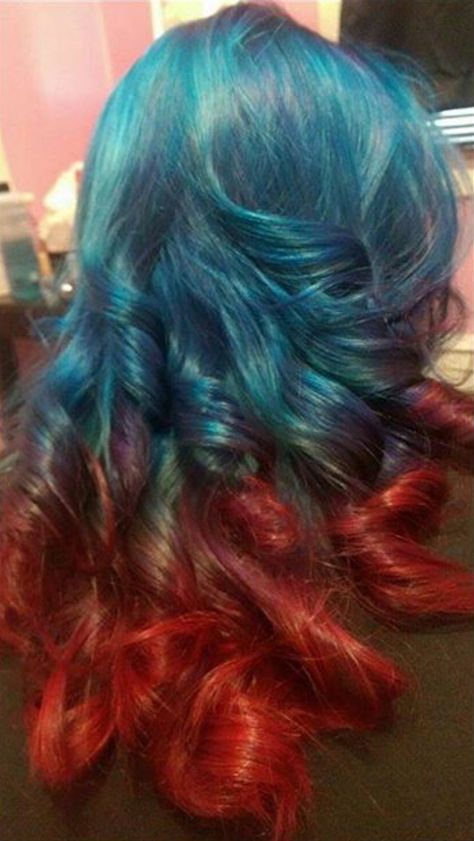 Blue to red ombré. Blue Hair With Red Tips, Cool Hair Colours, Red Hair Tips, Character Hairstyles, Dipped Hair, Color Block Hair, Coral Hair, Red Tips, Colorful Hairstyles