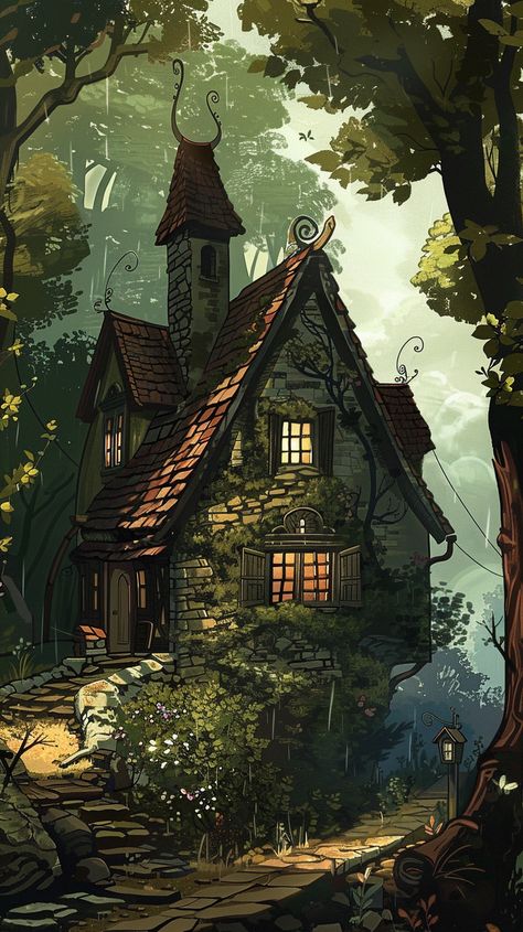 Enjoy this lovely artwork for your phone <3 Animated Landscape, Cozy Fantasy Wallpaper, Dnd Phone Wallpaper, Cozy Wallpaper Phone, Cozy Fantasy Aesthetic, Dark Cottagecore Aesthetic Wallpaper, Cozy Pixel Art Wallpaper, Witch Aesthetic Wallpaper, Witch Cottage Interior Drawing