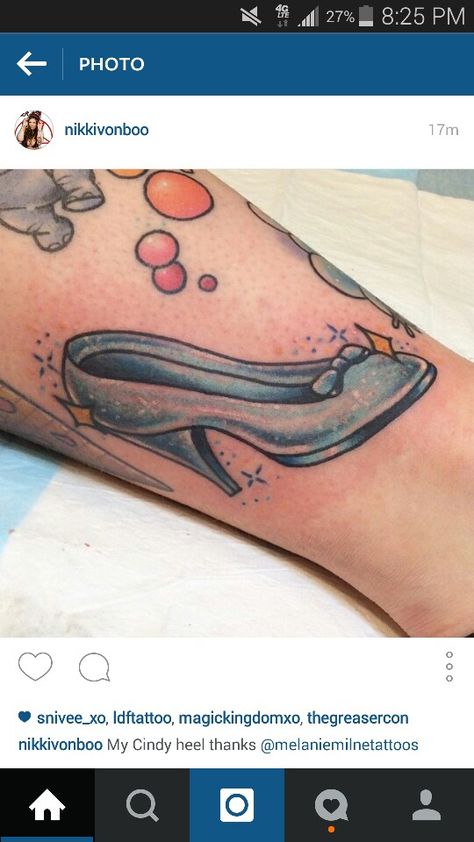 Cinderella glass slipper Glass Slipper Tattoo, Cinderella Slipper Tattoo, Cinderella Shoe Tattoo, Cinderella Small Tattoo, Cinderella Tattoos For Women, Cinderella Glass Slipper Tattoo, Cinderella Tattoo, Cinderella Glass Slipper, Disney Sleeve Tattoos