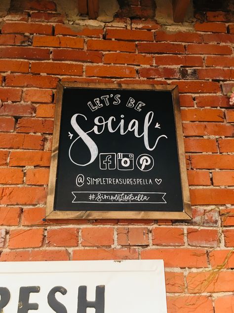 Let’s be social - social media chalkboard script logos Hand Lettering chalk art marker retail antique shop store cafe Social Media Chalkboard Sign, Chalkboard Art Retail Store, Winery Chalkboard Art, Chalkboard Cafe, Boutique Chalkboard, Chalkboard Signs Business, Store Signs Ideas Retail, Restaurant Chalkboard Ideas, Business Chalkboard