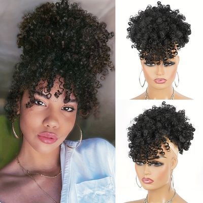 Ponytail With Bangs, Afro Puff Ponytail, Bangs Updo, Curly Drawstring Ponytail, Puff Ponytail, Curly Hair Pieces, Short Ponytail, Curly Bun Hairstyles, Hairpieces For Women