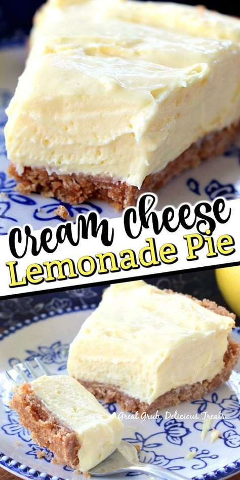 Cream Cheese Lemonade Pie is a deliciously lemony, tart, no bake, pie that is so easy to make and super delicious. #creamcheeselemonadepie #nobakelemonpie #lemondesserts #nobakepie #greatgrubdelicioustreats Cream Cheese Lemonade Pie, Lemonade Pie, Torte Cupcake, Lemon Dessert Recipes, Munnar, Delicious Pies, Lemon Desserts, Lemon Recipes, Pie Dessert