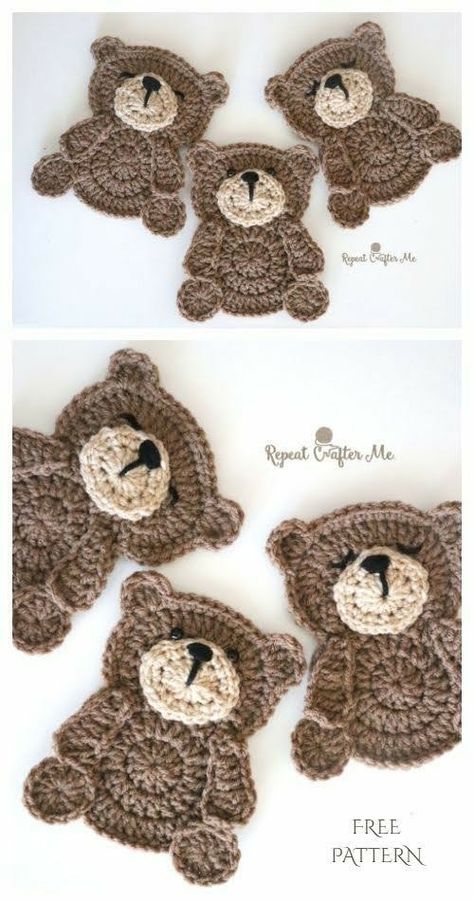 Crochet Applique Animals, Knitted Appliques Free Pattern, Crochet Teddy Bear Applique Pattern Free, Crochet Animal Applique Patterns Free, 2d Crochet Patterns, Crochet Bear Blanket, Crochet Applique Patterns Free Animal, Crochet Motif Patterns Free, Crochet Animal Applique