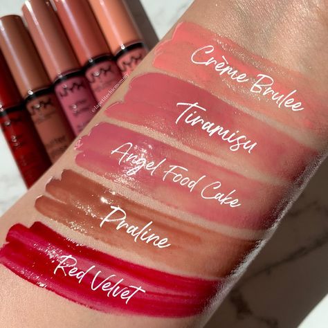 Nyx Praline, Butter Gloss Swatches, Nyx Shine Loud, Nyx Gloss, Lip Makeup Ideas, Makeup Types, Lip Makeup Products, Lip Color Palette, Redhead Makeup