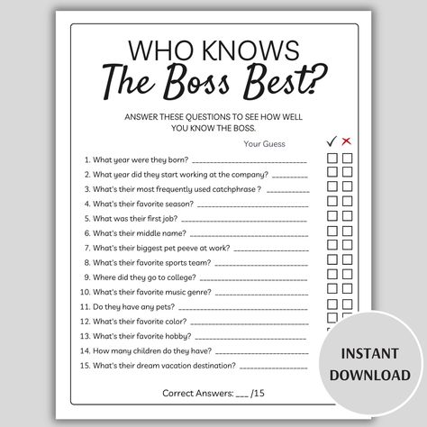 "This printable Who Knows the Boss Best game will add even more fun to your office party or the boss's birthday party. Find out how well you know the Boss with this fun Work Party Game! This is a digital download. No Physical product will be sent. This item is not editable. Included:  * 1 US letter game card  * 5\"x7\" game cards (2 per page on US letter) Instructions: * Download your game from the email Etsy will send you or from the purchases section of your Etsy account * Print your game (print and cut out if using 5\"x7\" game card) * Have fun playing * Contact me if you have any questions about this item" Who Knows The Boss Best, Quick Games For Adults, Office Party, Fun Office Games, Work Party Games, Fun Team Building Activities, Staff Morale, Office Party Games, Boss Birthday