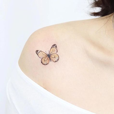 yellow butterfly tattoo on shoulder Butterfly Tattoo On Hip, Butterfly Tattoo Ideas For Women, Yellow Butterfly Tattoo, Monarch Tattoo, Tattoo On Hip, Butterfly Thigh Tattoo, Watercolor Butterfly Tattoo, Realistic Butterfly Tattoo, Purple Butterfly Tattoo