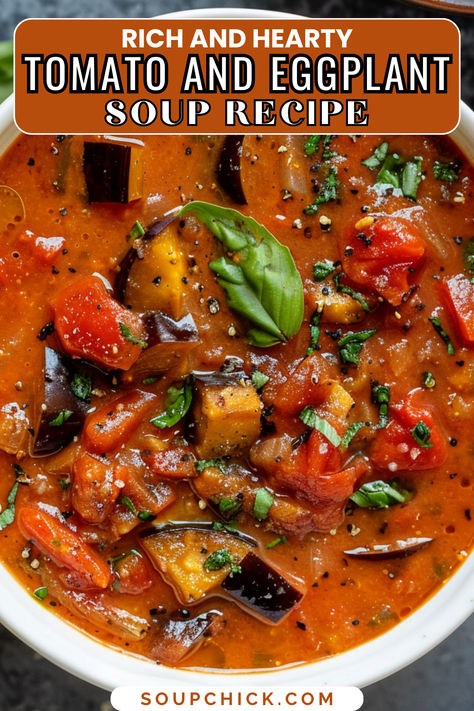 Tomato And Eggplant Soup Tomato Eggplant Soup, Tomato Base Soup Recipes, Soup With Eggplant, Eggplant Soup Recipes, Eggplant Soup, Eggplant Moussaka, Tomato Eggplant, Mcdougall Recipes, Eggplant Zucchini