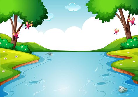 Río en blanco en el fondo de la escena de la naturaleza del bosque River In Forest, Animated Clipart, Cloud Background, River Pictures, Artsy Background, Beautiful Butterfly Pictures, Cartoon Trees, Scene Background, Video L