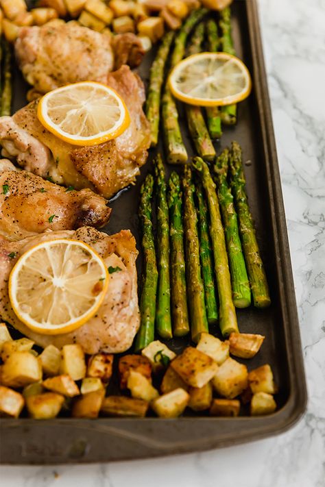 Chicken Sheet Pan Recipes, Sheet Pan Chicken Recipes, Lemon Chicken And Asparagus, Sheet Pan Lemon Chicken, Pan Lemon Chicken, Rosemary Chicken Recipe, Unbound Wellness, Chicken And Asparagus, Sheet Pan Meals Chicken