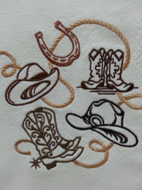 "This design includes boots, hats, rope, and a horseshoe. The towel is white with a brown gingham border. The towel is made from 100% cotton. It has been washed and pre-shrunk before being embroidered to prevent puckering when washed. It measures approximately 18\" x 28\". This item was made in a smoke/pet free home. Design by Embroidery Library" Horseshoe Embroidery Design, Horse Shoe Embroidery, Western Style Embroidery, Cowboy Boot Embroidery Pattern, Cowboy Boots Embroidery, Western Embroidery Patterns, Cowboy Embroidery Designs, Cowboy Boot Embroidery, Southern Embroidery