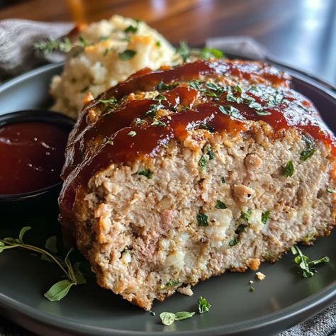 Turkey meatloaf is a lighter version of the classic meatloaf, offering the same comforting flavors with fewer calories. This recipe combines lean ground turkey with a blend of seasonings, breadcrumbs, and a touch of ketchup for extra moisture. Topped with a sweet and tangy glaze, this turkey meatloaf is sure to become a family favorite, delivering a wholesome meal that’s both satisfying and delicious.       Equipment: Large mixing bowl Loaf pan (or baking sheet lined with parchment) ... Ground Turkey Loaf Recipes, The Best Turkey Meatloaf, Meatloaf Recipes Ground Turkey, Turkey Loaf Recipe, Turkey Herbs, Cheesy Turkey Meatloaf, Greek Meatloaf, Gluten Free Turkey Meatloaf, Ground Turkey Meatloaf Recipes