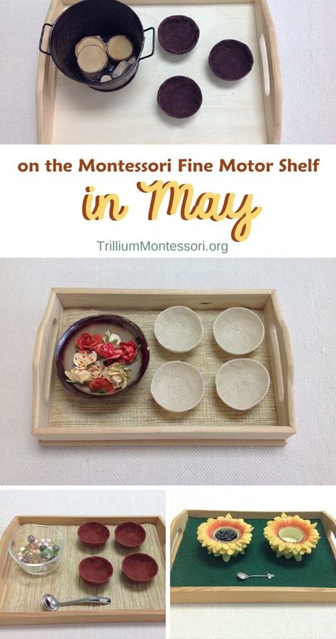 On the Fine Motor Shelf in May - Trillium Montessori Art Shelf Montessori, May Practical Life Montessori, Spring Fine Motor Activities, Preschool Literacy Activities, Montessori Jobs, Montessori Spring, Montessori Mom, Activities For Spring, Children's House