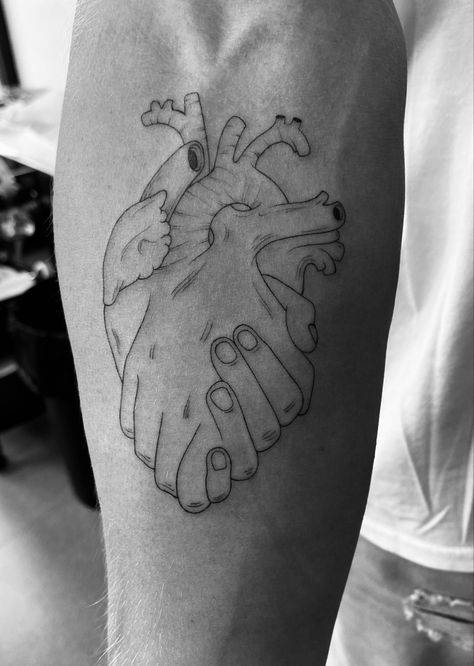 #tattoo #fineline #finelinetattoo #tattooideas #babayaga #tattooart Life Line Tattoo Heart, Heart In Hand Tattoo, Tattoo Ideas Heart Anatomical, Fineline Anatomical Heart Tattoo, Fine Line Anatomical Heart Tattoo With Flowers, Tattoo For My Husband, One Line Anatomical Heart, Hand Heart Tattoo, Human Heart Tattoo