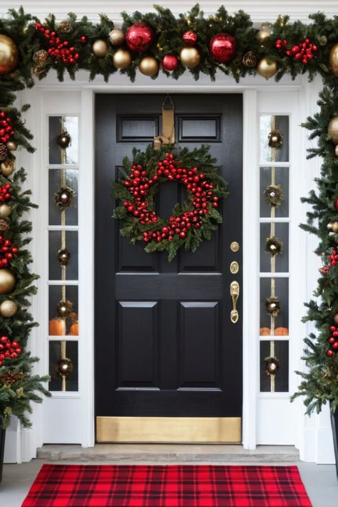 Greet guests with handmade door decorations. Explore creative ideas to dress up your entrance for a joyful holiday welcome. Garland Over Front Door Christmas, Christmas Door Entrance Ideas, Front Gate Christmas Decorations, Front Of House Christmas Decor, Christmas Front Door Decor Entrance, Entrance Christmas Decor, Christmas Door Garland, Diy Front Door Decor, Christmas Doorway Decorations